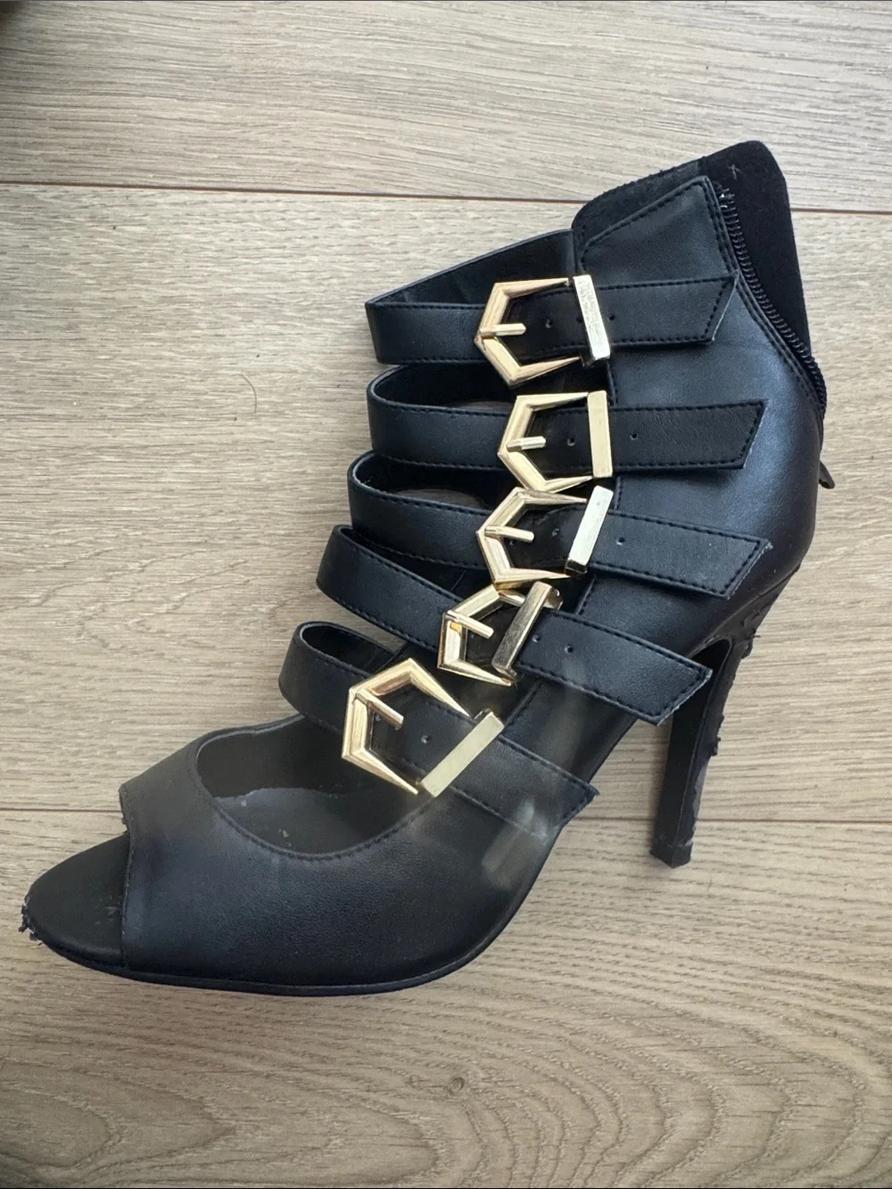 Forever 21 Black Strappy Peep-Toe Heels with Gold Buckle Accents